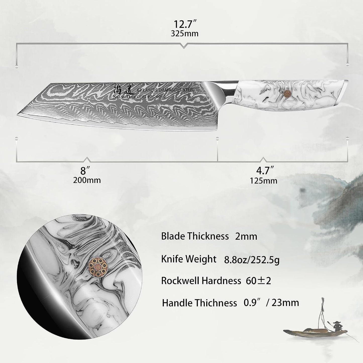 SHANGDAO 8 Inch Kiritsuke Knife, Kitchen Chef Knife Japenese Forged Damascus Steel with Ink and wash Resin Handle - Full Tang - Hua Series