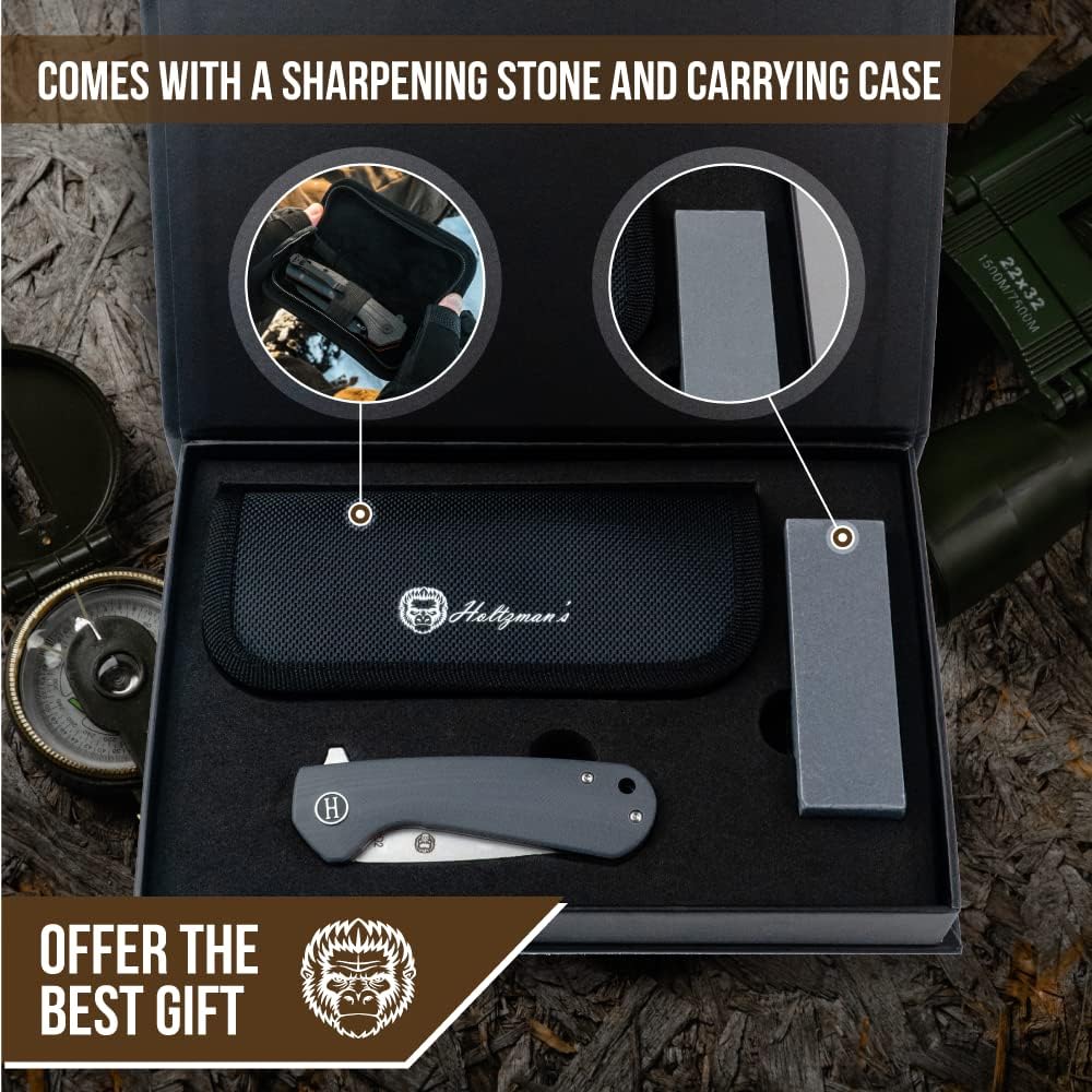 Holtzman's Gorilla Survival Peasant Folding Knife with G10 Tactical Handle, D2 Steel Blade, Gift Box Set (Black+Blue) - Great for Everyday Carry