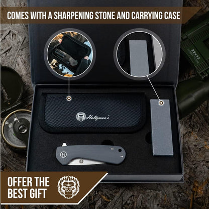 Holtzman's Gorilla Survival Peasant Folding Knife with G10 Tactical Handle, D2 Steel Blade, Gift Box Set (Black+Blue) - Great for Everyday Carry