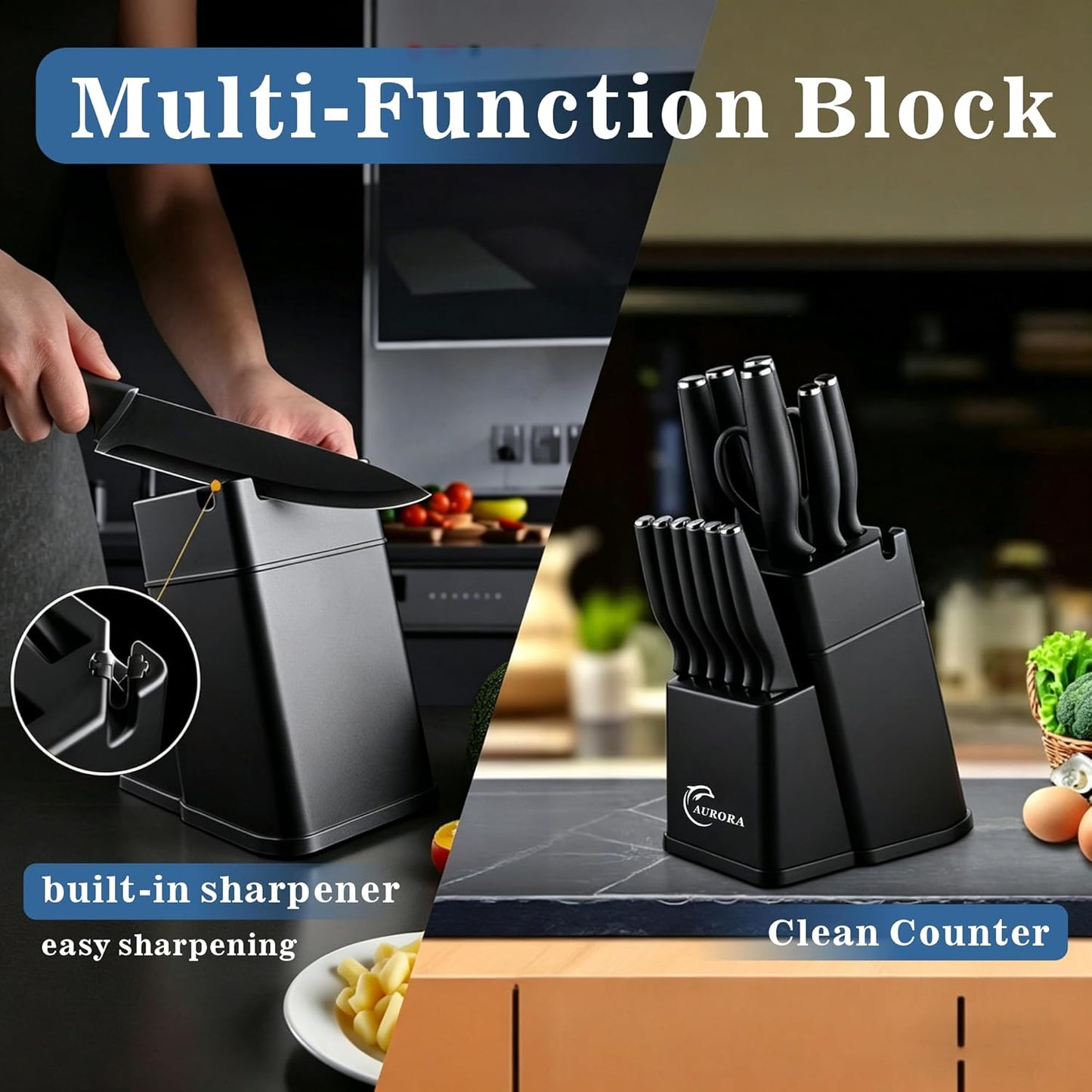 Knife Set, 15 Piece Knife Block Set with Built-in Sharpener, Dishwasher Safe, Rust Resistant, Ergonomic Handle, Stainless Steel White