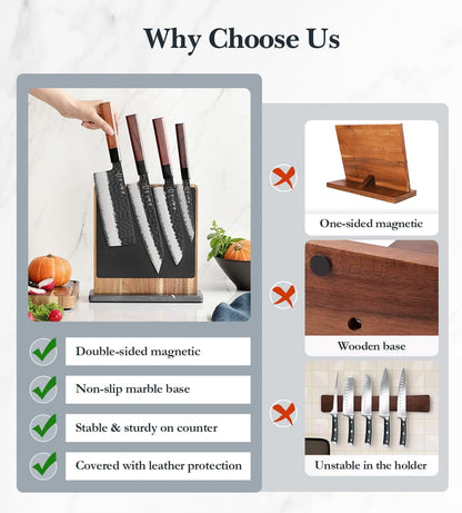 Strong Double Sided Magnetic Knife Block Without Knives, with Acacia Wood+430 Stainless Steel Base，Magnetic Universal Stands with Strong Enhanced Magnets Strip Kitchen Storage Cutlery Large Organizer