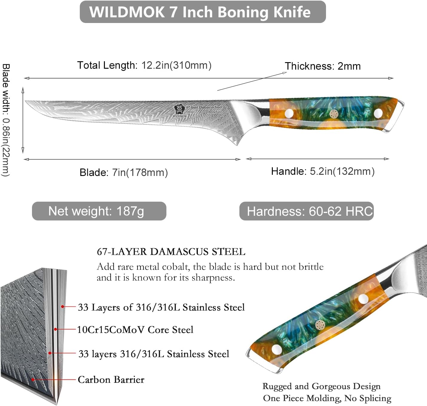 WILDMOK Damascus Boning Knife, 7 inch Super Sharp Fillet Knife, Japanese Damascus Steel, Full Tang Resin Handle, Includes Gift Box