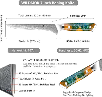 WILDMOK Damascus Boning Knife, 7 inch Super Sharp Fillet Knife, Japanese Damascus Steel, Full Tang Resin Handle, Includes Gift Box