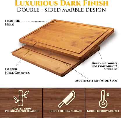 3-Piece Organic Bamboo Cutting Board Set for Kitchen - Carbonized Extra Sturdy Chopping Boards with Juice Grooves - Knife-Friendly Multi-Size (15", 12", 9") for Meat & Veggies - Housewarming Gift Box