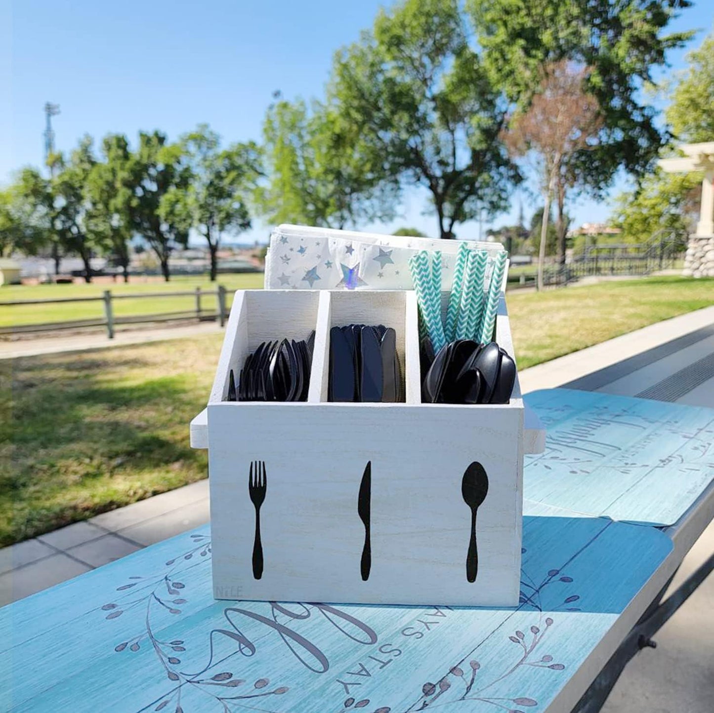 Ikee Design Wooden Utensil Caddy with Handles, Silverware Caddy, Silverware Holder for Countertop,Party,Camping and Kitchen, Organizer, Picnic Cutlery Holders, Black Color