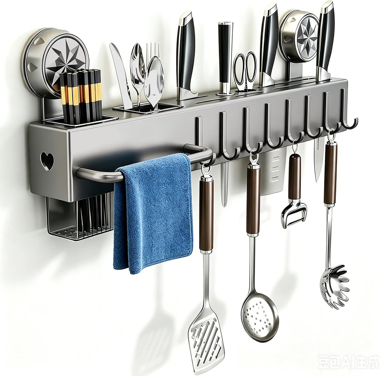 19.7" Drill-Free Wall-Mounted Knife Holde, Carbon Steel Knife Holder Rack with Self-Adhesive, Black Space Saving Utensil Organizer with Hooks & Hanging Bar, for Knife Storage, Scissors, Spatula