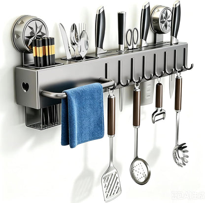 19.7" Drill-Free Wall-Mounted Knife Holde, Carbon Steel Knife Holder Rack with Self-Adhesive, Black Space Saving Utensil Organizer with Hooks & Hanging Bar, for Knife Storage, Scissors, Spatula