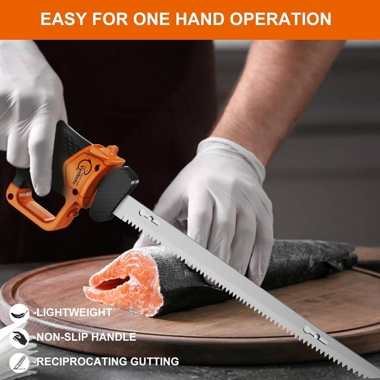 Electric Fillet Knife for Fish with 4 Stainless Steel Blades, Cordless Rechargeable Non-Slip Handle and Safety Lock, 2 Rechargeable Battery Packs Portable Carry Case