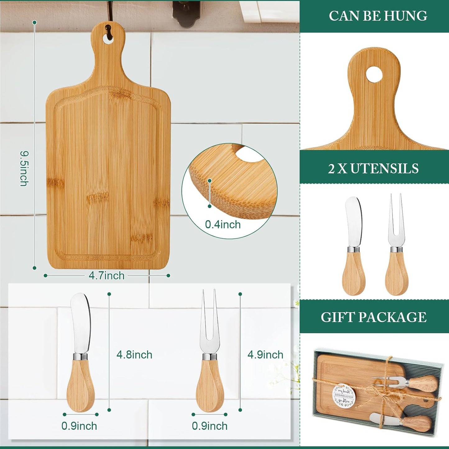 1 Set Bridal Baby Shower Cheese Prizes Wooden Square Board Gift Set Knives Forks Thank You Tags with Box for Guests for Valentines Bridal Baby Shower Housewarming Gifts (Bamboo Color)