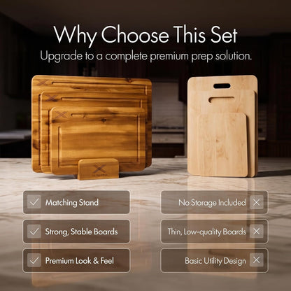 Acacia Wood Cutting Board Set of 3 with Stand - Thick Wooden Chopping Boards with Deep Juice Grooves - Non-Slip & Durable Wooden Boards for Meat & Vegetables (16x12, 14x10, 12x8) - Walnut