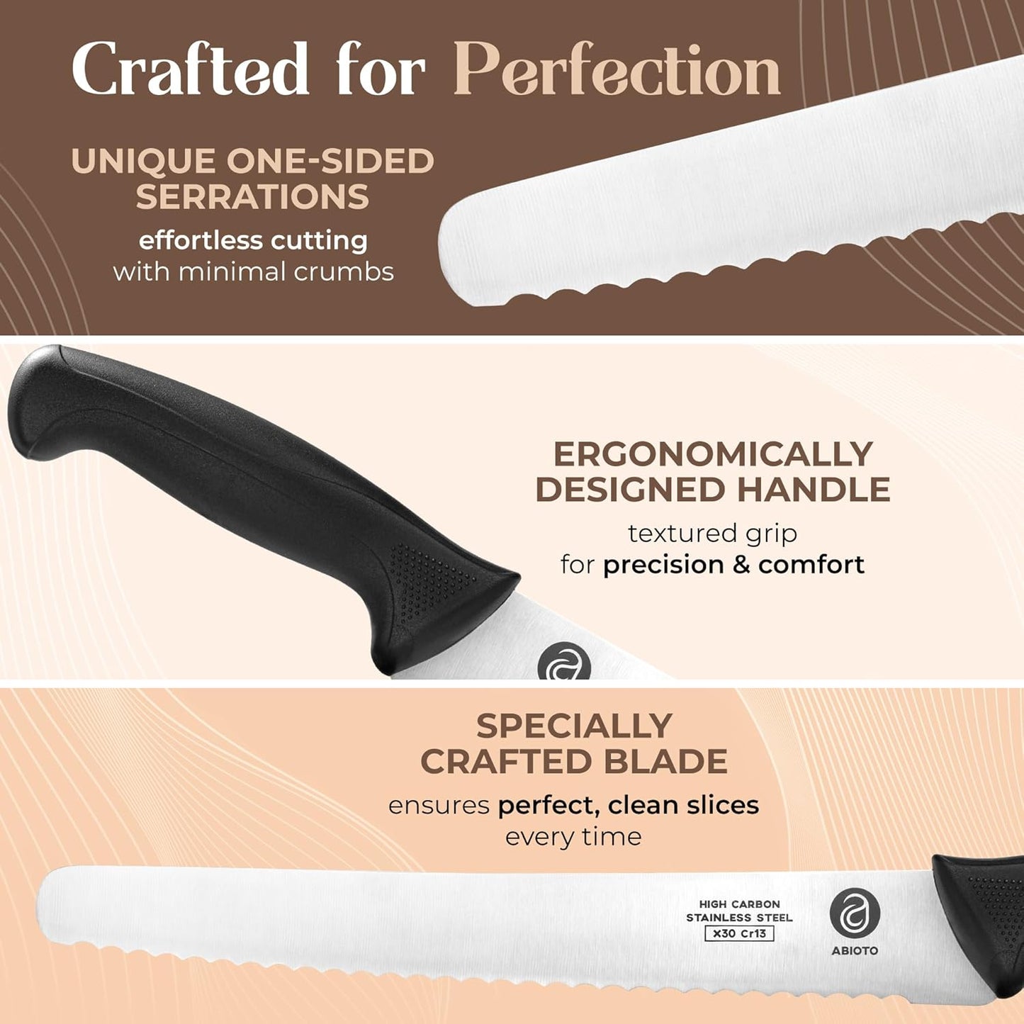 ABIOTO Serrated Bread Knife for Homemade Bread Sourdough - Perfect 11-Inch Sourdough Bread Knife Made of High Carbon Stainless Steel X30 Cr13 with One-Sided Sharp Serrations and Ergonomic Handle