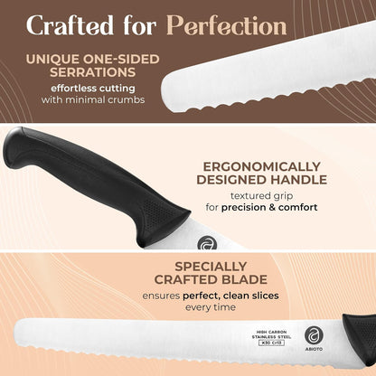 ABIOTO Serrated Bread Knife for Homemade Bread Sourdough - Perfect 11-Inch Sourdough Bread Knife Made of High Carbon Stainless Steel X30 Cr13 with One-Sided Sharp Serrations and Ergonomic Handle