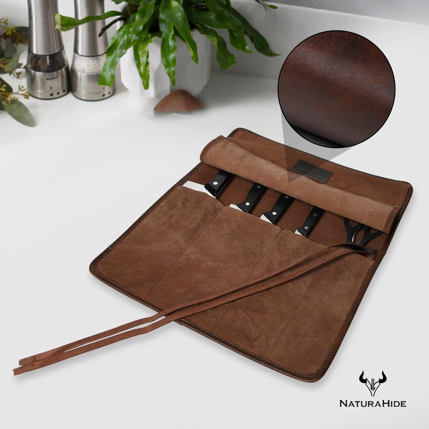 Leather Knife Roll Bag for Professional Chefs 4 Slot Full Grain and Suede Leather Knife Case Handmade Culinary Tool Roll Organizer for Travel, Kitchen and Outdoor Cooking (Black)