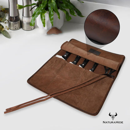 Leather Knife Roll Bag for Professional Chefs 4 Slot Full Grain and Suede Leather Knife Case Handmade Culinary Tool Roll Organizer for Travel, Kitchen and Outdoor Cooking (Black)