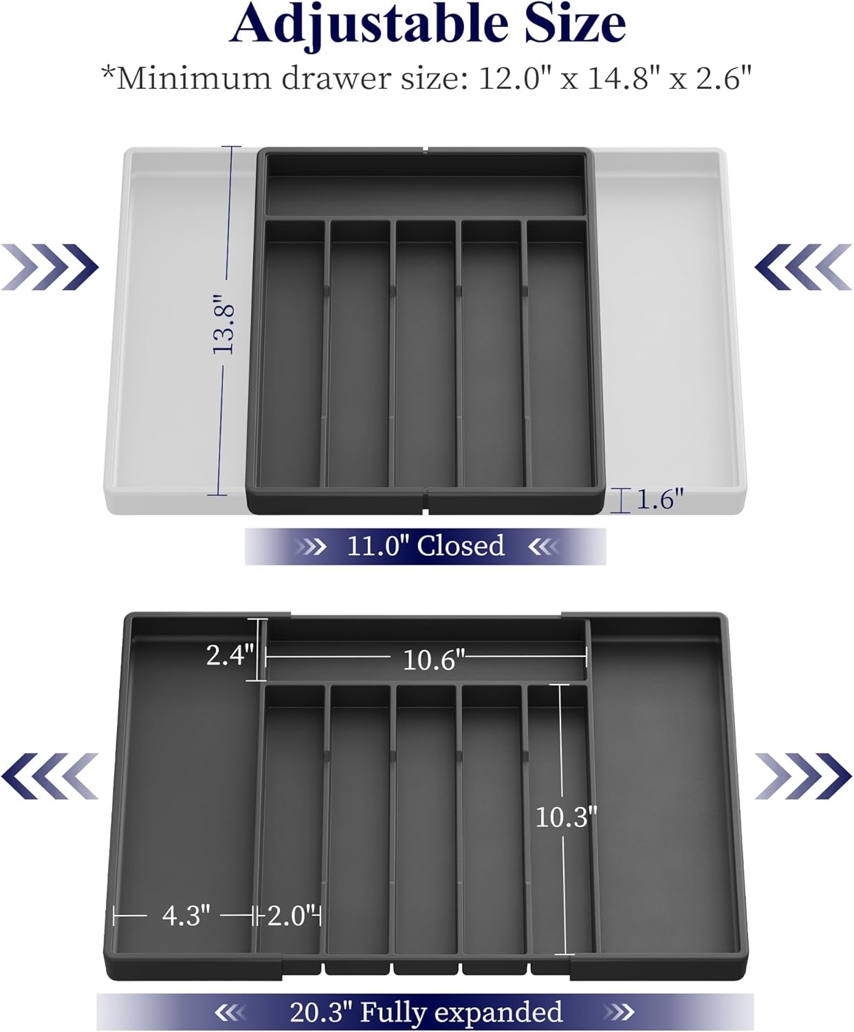 Kitsure Silverware Organizer for Drawers - Expandable Cutlery and Utensil Drawer Organizer with Easy Maintenance, Premium PP Kitchen Organizers and Storage for Flatware, Black, 13.2" x 12.2" x 1.6"