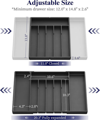 Kitsure Silverware Organizer for Drawers - Expandable Cutlery and Utensil Drawer Organizer with Easy Maintenance, Premium PP Kitchen Organizers and Storage for Flatware, Black, 13.2" x 12.2" x 1.6"