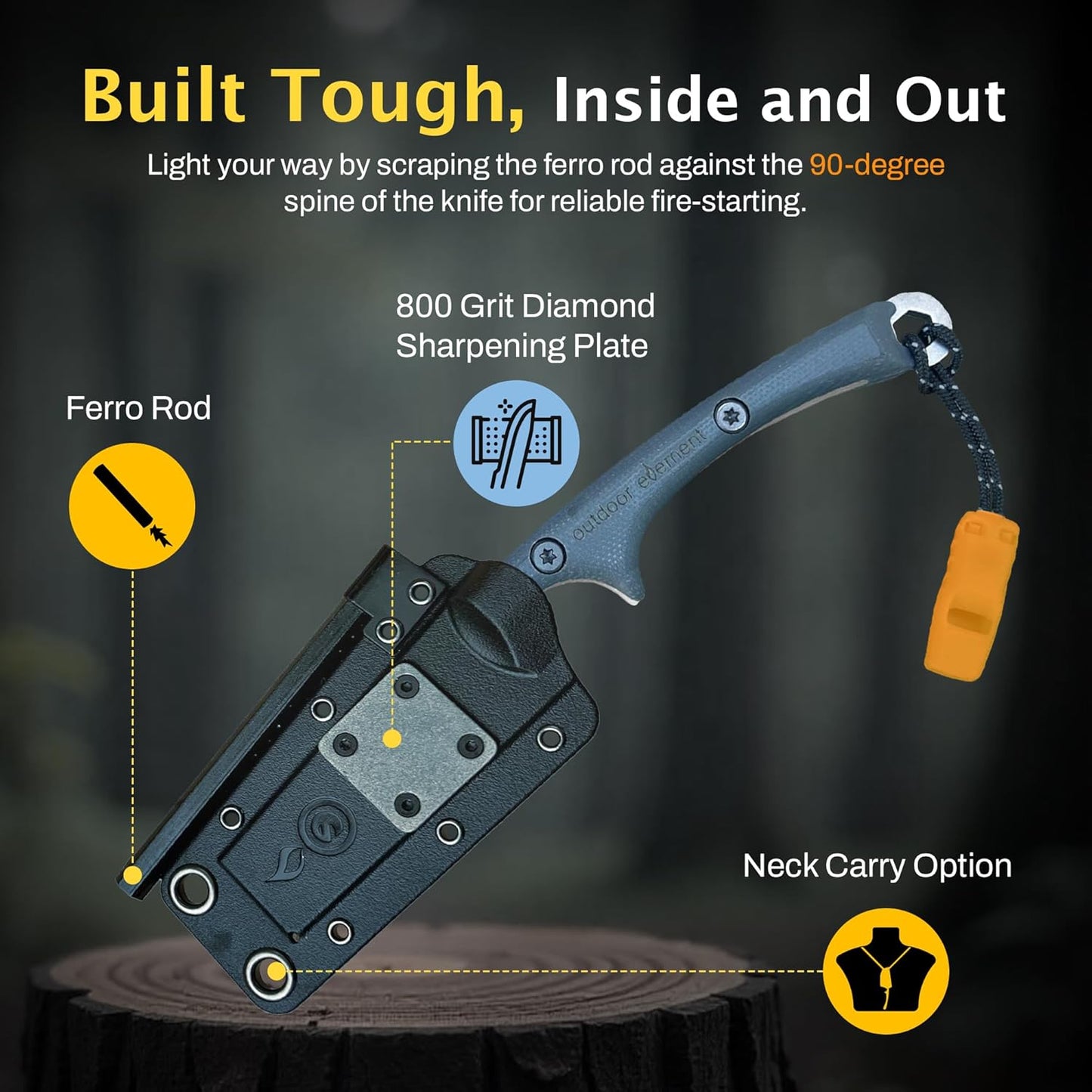 Scout Feather Glow - Fixed Blade Survival Knife with built-in Firestarter for Camping, Hunting, Outdoor Adventure and Culinary Need - VG10 Blade, Whistle, Knife Sharpener, Compact Sheath & G10 Handle