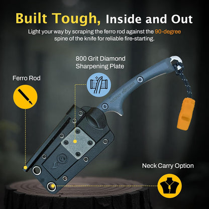 Scout Feather Glow - Fixed Blade Survival Knife with built-in Firestarter for Camping, Hunting, Outdoor Adventure and Culinary Need - VG10 Blade, Whistle, Knife Sharpener, Compact Sheath & G10 Handle