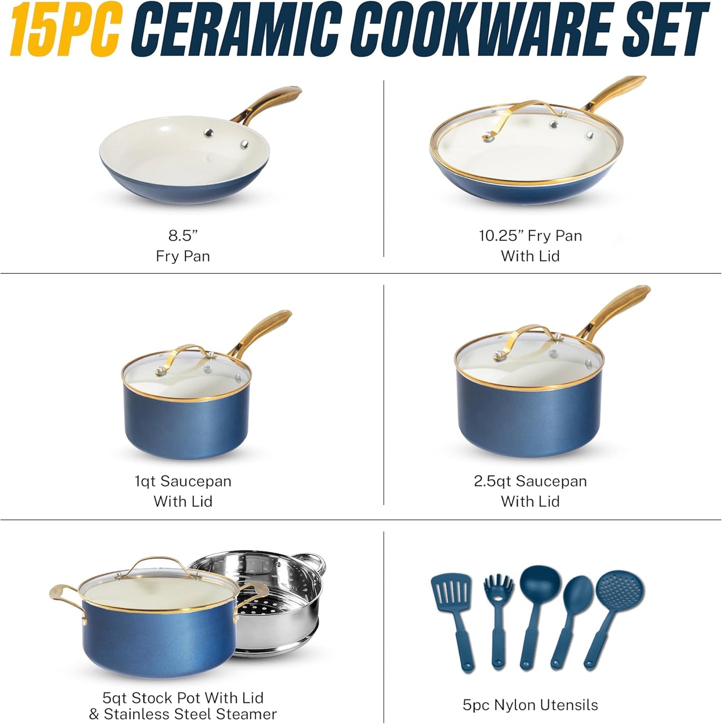 Gotham Steel 20pcs Pots and Pans Set Non Stick Ceramic Cookware Set with Deep Frying Pan Set & 6pc Knife Set, Improved Ti-Cerama Coating Made without PFOA PFOS Lasts 2x Longer, Oven & Dishwasher Safe