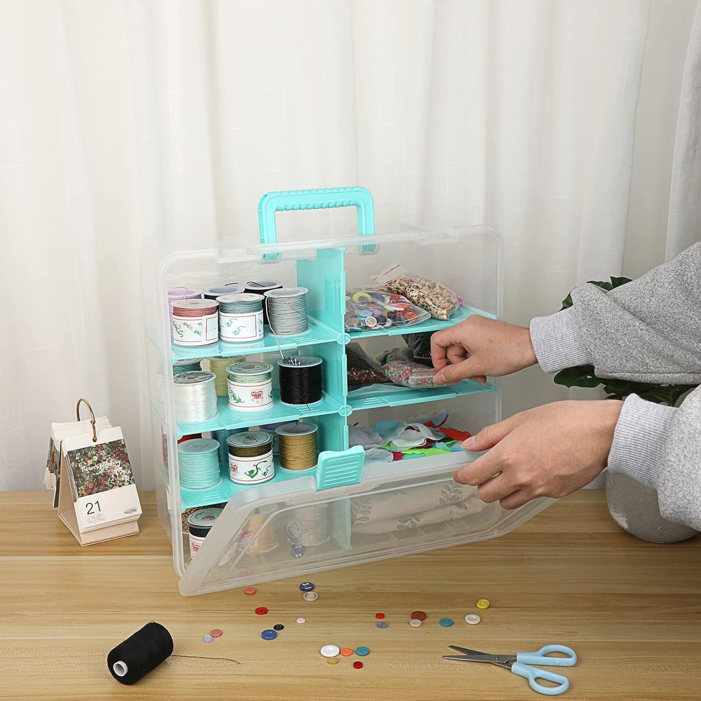 BTSKY Clear Plastic Dividing Storage Box with 4 Compartments Adjustable Storage Bin with Lid Plastic Craft Storage Container Multipurpose Sewing Box Art Supply Organizer, 13.3x8.1x3.4 Inches
