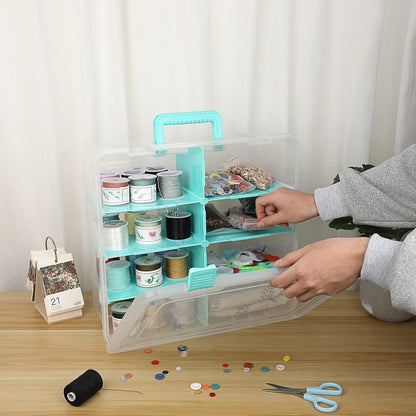 BTSKY Clear Plastic Dividing Storage Box with 4 Compartments Adjustable Storage Bin with Lid Plastic Craft Storage Container Multipurpose Sewing Box Art Supply Organizer, 13.3x8.1x3.4 Inches