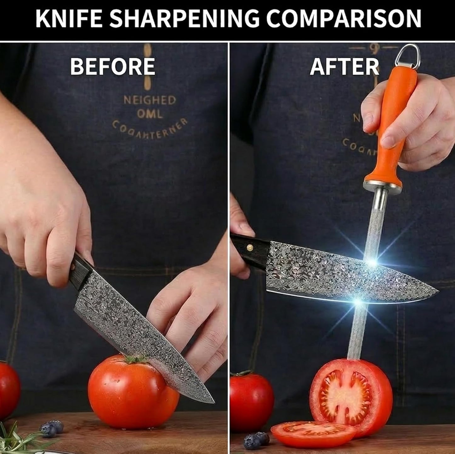 Knife Sharpener Rod 11 Inch,High-Carbon honing rod to Sharpen the Knife Quickly, Professional Honing Rod for Knife Sharpening with Hanging Hook, Orange