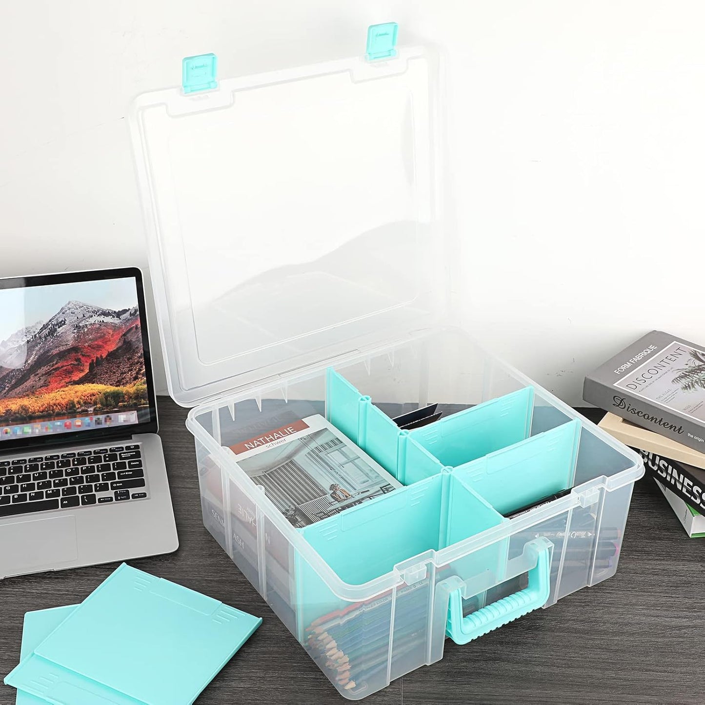 BTSKY Clear Plastic Dividing Storage Box with 4 Compartments Adjustable Storage Bin with Lid Plastic Craft Storage Container Multipurpose Sewing Box Art Supply Organizer, 13.3x8.1x3.4 Inches