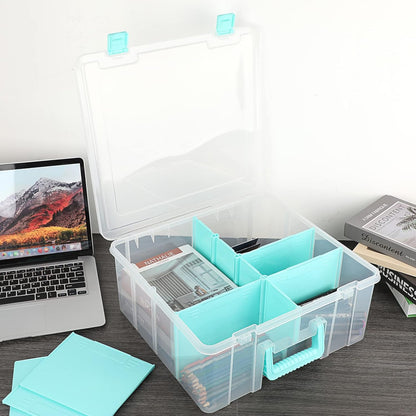 BTSKY Clear Plastic Dividing Storage Box with 4 Compartments Adjustable Storage Bin with Lid Plastic Craft Storage Container Multipurpose Sewing Box Art Supply Organizer, 13.3x8.1x3.4 Inches