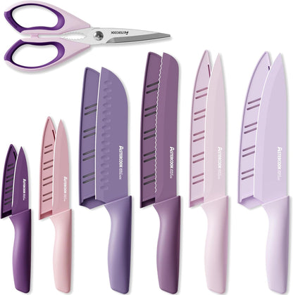 Astercook Knife Set, 13 Pieces Kitchen Knives Set with Healthy Anti-Rust Coating, Dishwasher Safe, Stainless Steel Chef Knife Sets with 6 Blade Guards, Perfect Holiday Gifts for Kitchen Morandi