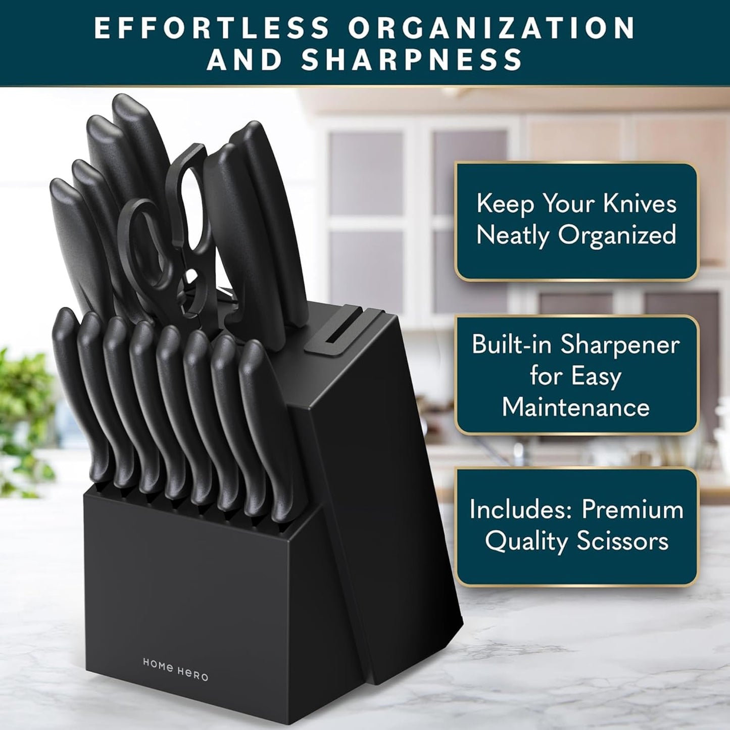 Home Hero Kitchen Knife Set - Wooden Knife Block Organizer - High Carbon Stainless Steel Blades - Ergonomic Handles with Built-In Sharpener & Kitchen Scissors - 16-Pc, Black