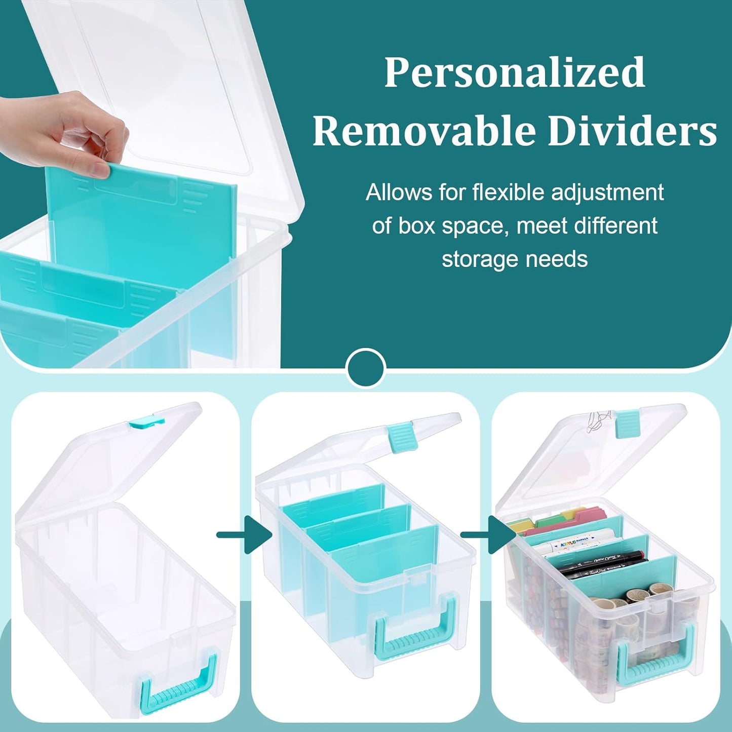 BTSKY Clear Plastic Dividing Storage Box with 4 Compartments Adjustable Storage Bin with Lid Plastic Craft Storage Container Multipurpose Sewing Box Art Supply Organizer, 13.3x8.1x3.4 Inches