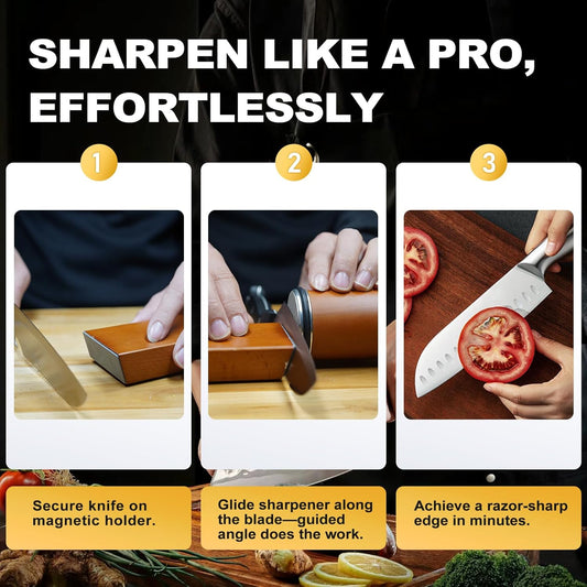 Deefeel Rolling Knife Sharpener Kit - Knife Sharpening with Diamonds for Razor Sharp Edges - Roller with Magnetic Holder with Multi Degrees Kitchen Home Outdoor (Brown-Straight tube knife sharpener)