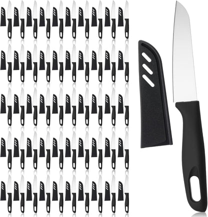 50 Pcs Paring Knives with Cover 7.5 Inch Sharp Stainless Steel Knife with Ergonomic Plastic Handle and Blade Cover for Fruit Vegetable Kitchen, Black