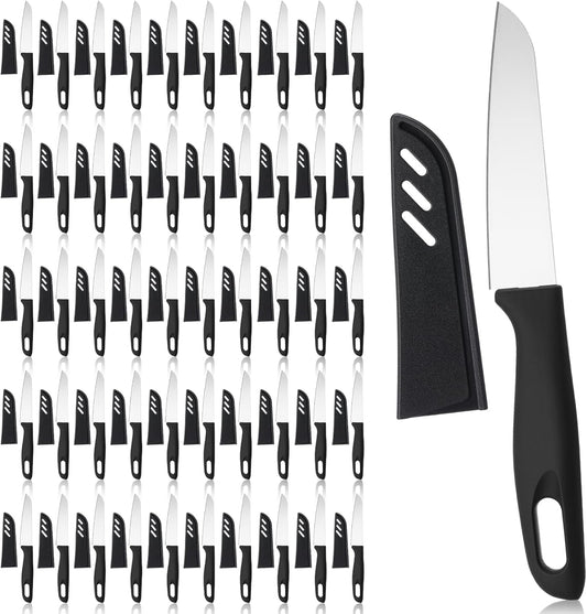 50 Pcs Paring Knives with Cover 7.5 Inch Sharp Stainless Steel Knife with Ergonomic Plastic Handle and Blade Cover for Fruit Vegetable Kitchen, Black