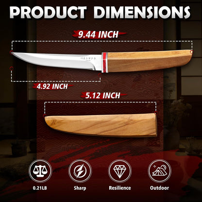 DRGSKL Camping Fixed Blade Knife - Handcrafted Japanese Knife with Wooden Sheath - Utility Knives for Cutting, Peeling and Crafting Feather Sticks - Gifts for Men