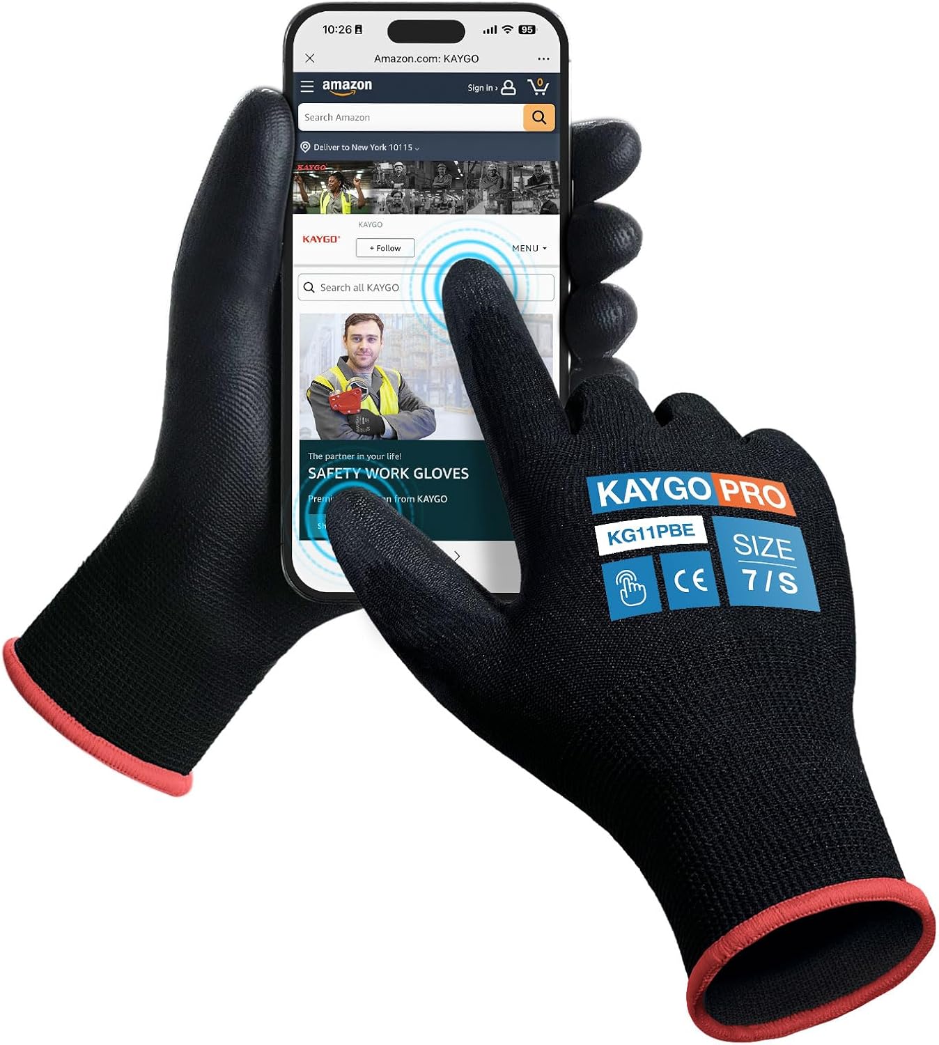 KAYGO Work Gloves for Men and Women,12 Pairs Seamless Knit PU Coated Safety Gloves, with Smooth Grip on Palm and Fingers, Ideal for Light Warehouse, Manufacturing, Gardening, KG11P (M, Black)