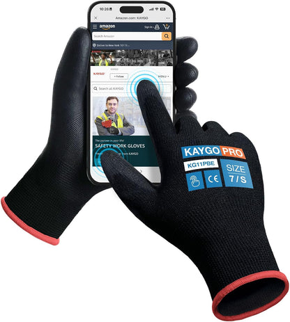 KAYGO Work Gloves for Men and Women,12 Pairs Seamless Knit PU Coated Safety Gloves, with Smooth Grip on Palm and Fingers, Ideal for Light Warehouse, Manufacturing, Gardening, KG11P (M, Black)