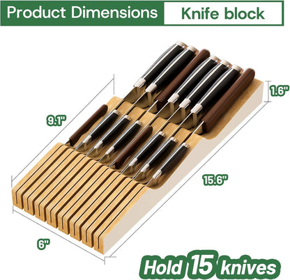Knife Drawer Organizer Insert, Bamboo Wood Knife Holder, Knife Block Holds Up To 11 Knives