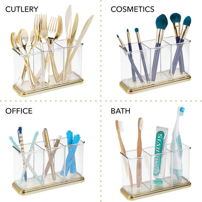 mDesign Plastic Cutlery Utensil Holder Storage Organizer Caddy for Kitchen Countertop Organization - Holds Fork, Knife, Spoon, Silverware - 3 Divided Sections - Hyde Collection - Clear/Brushed