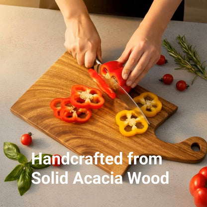 Acacia Wood Cutting Board with Handle, Single Piece Solid Wood, Double Sided Charcuterie and Bread Board, Small Knife Friendly Kitchen Prep Board, 15 x 8 Inch