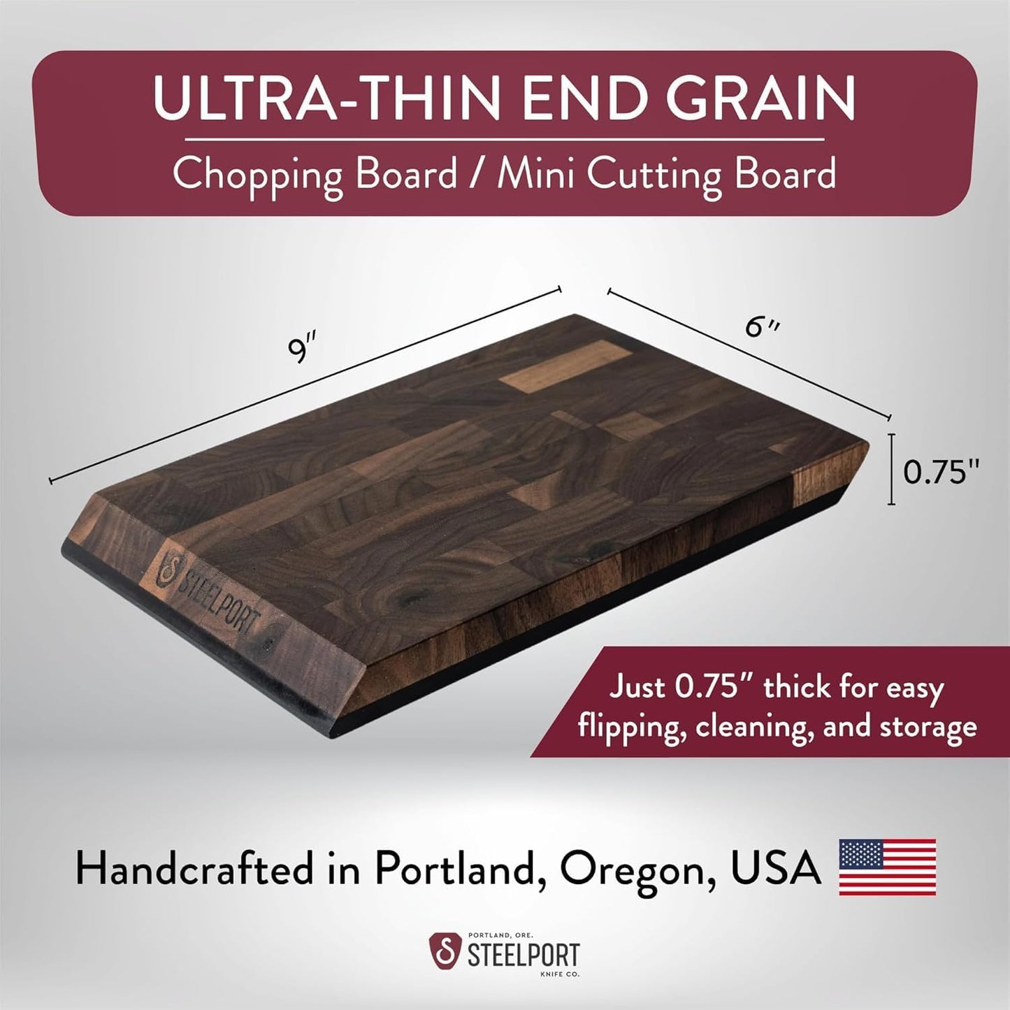 STEELPORT Small Cutting Board 9"x6" - Steel Reinforced, Utlra-thin Butcher Block | Dual Sided - End-grain Walnut Wood, Composite Side | Chopping Board with Juice Groove | USA Made for Home, Chefs