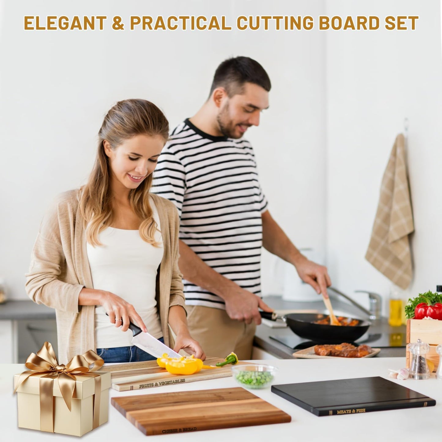 Book Cutting Board Set of 3 - Wooden Cutting Boards That Look Like Books with Stand, Acacia Wood for Meat, Vegetables, Cheese & Bread - Unique Kitchen Decor & Hygienic Gift