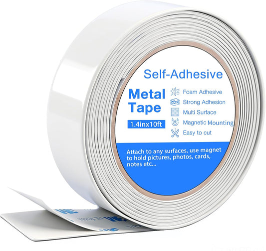 Bendable Metal Tape for Magnets, (1.4'' Wide x 10 ft Long) Flexible Metal Strips Roll, Ferrous Tape Stick on Wall to Hold Magnetic Products