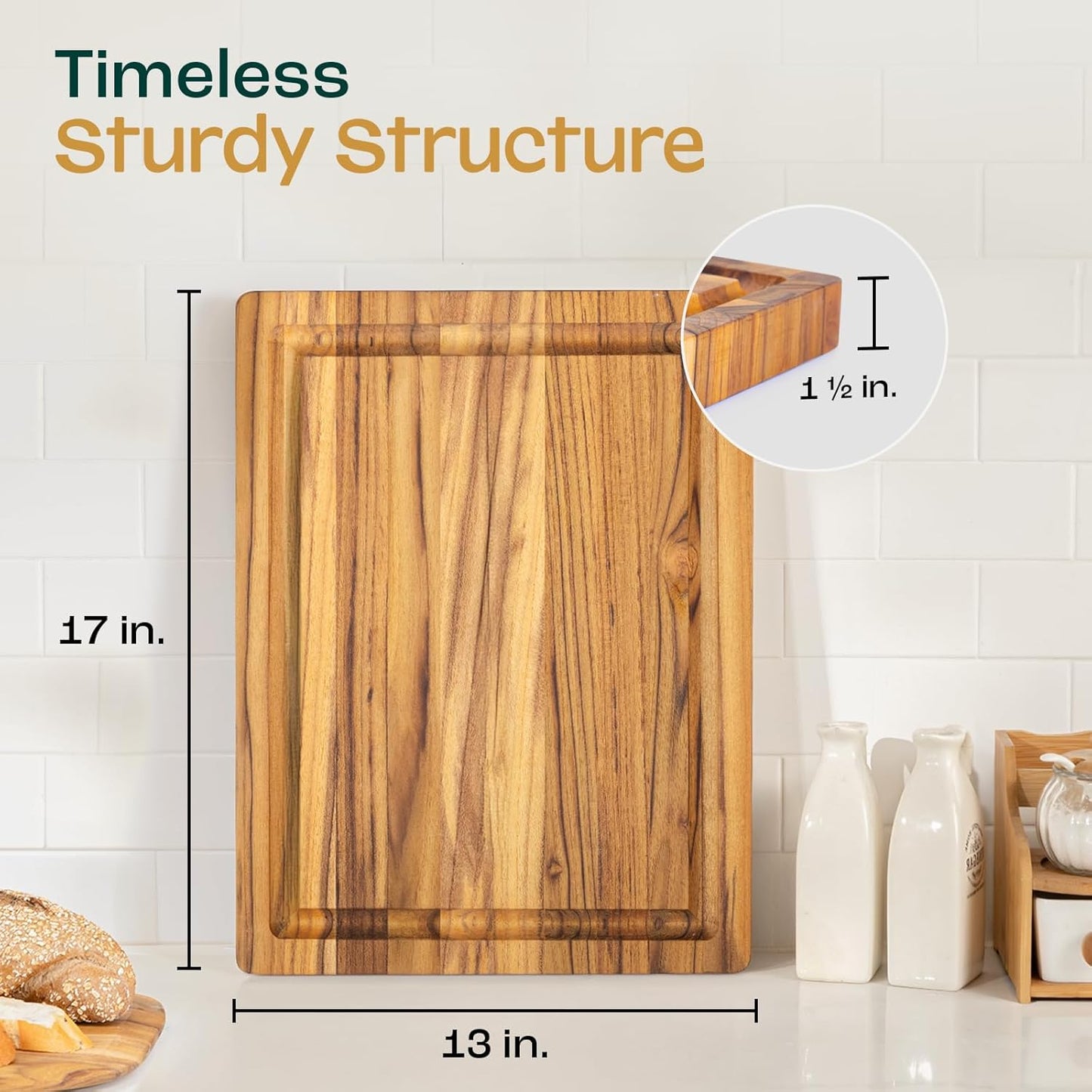 Yes4All Durable Acacia Cutting Boards for Kitchen, [17''Lx13''Wx1.5” Thick] Medium Edge Grain Cutting Board, Pre Oiled Wood Cutting Boards, Thick Chopping Board w/Juice Grooves and Easy Grip Handle