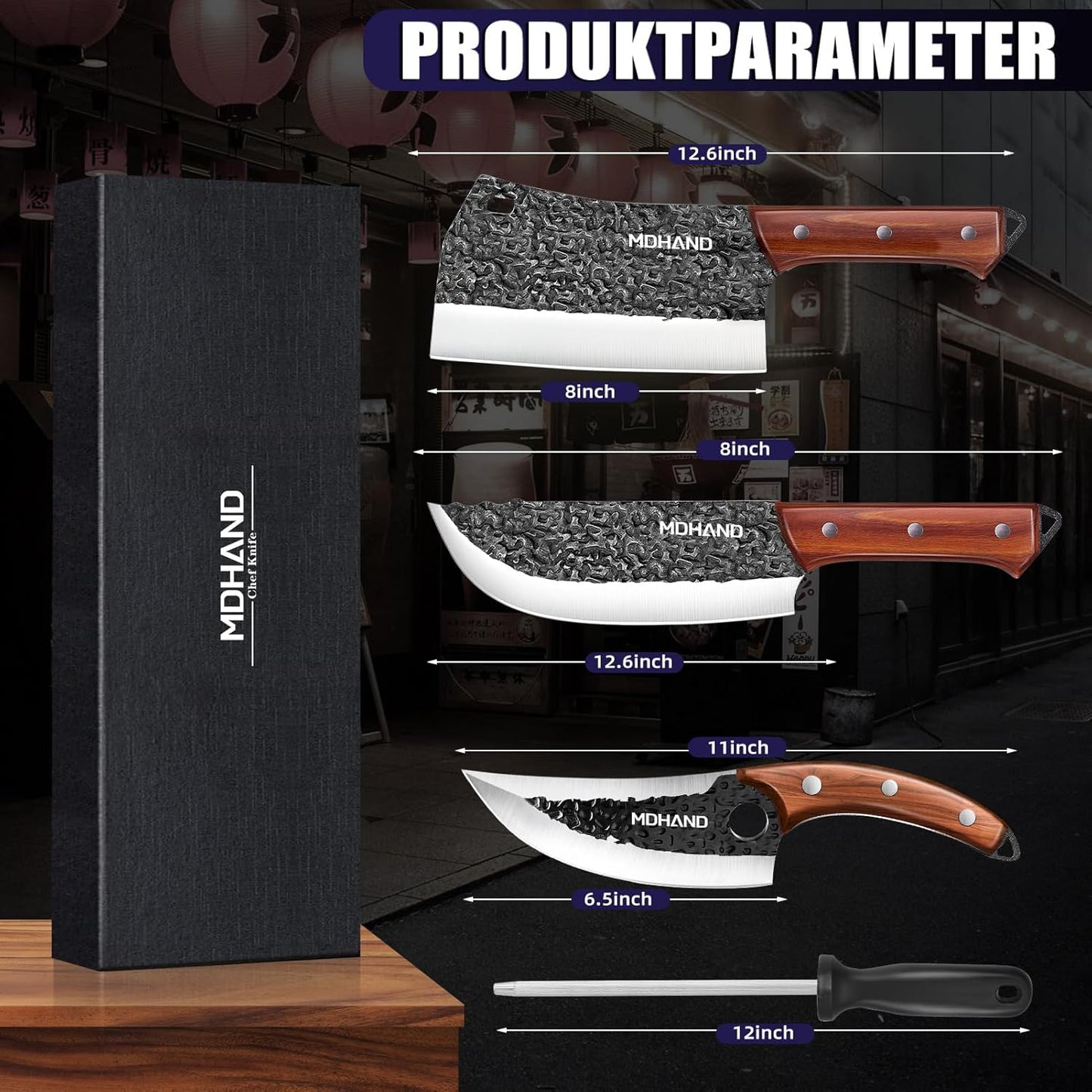 MDHAND Butcher Knife Set, 12PCS Hand Forged Serbian Chef Knife Set with Bag, High Carbon Steel Full Tang Kitchen Knives Set, Meat Cleaver & Boning Knife for Brisket Trimming BBQ Camping, Gift for Men