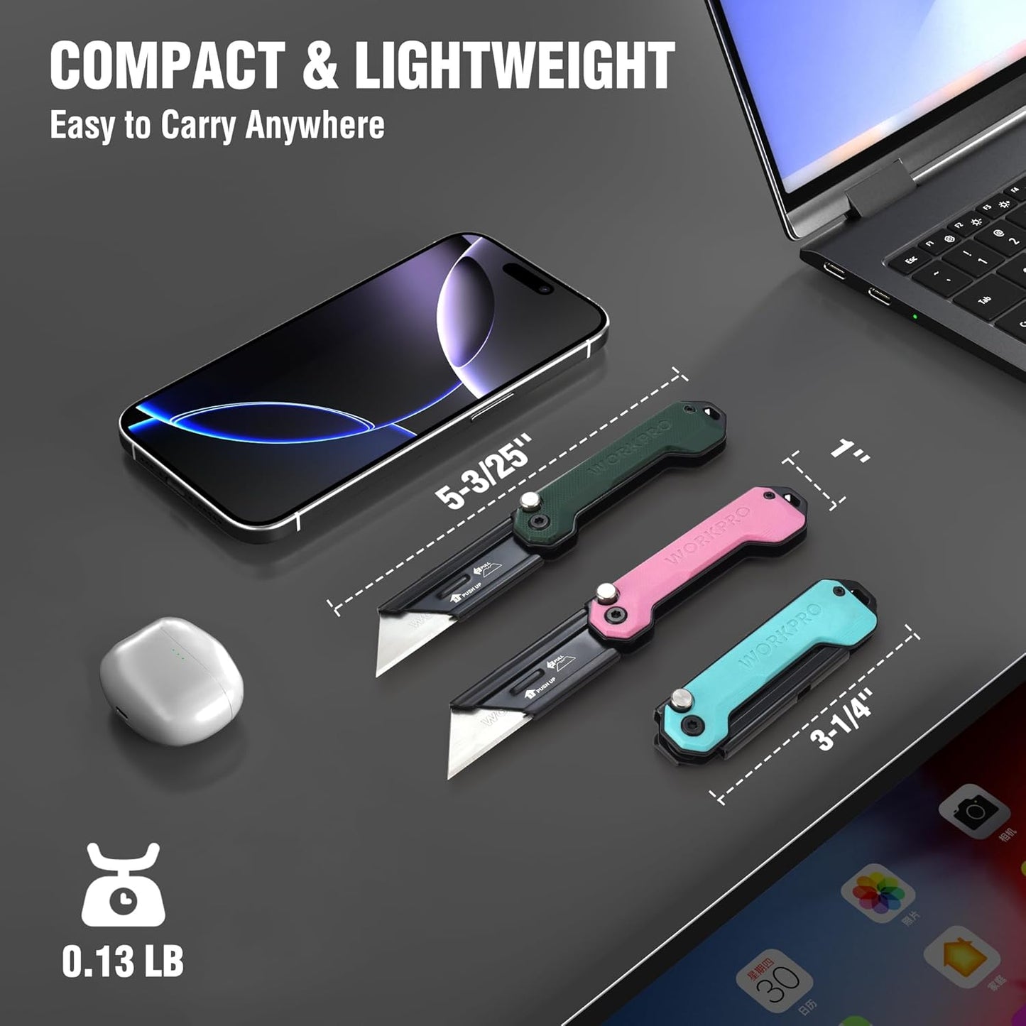 WORKPRO 3-Pack Folding Utility Knife, Quick Change Blades Box Cutter, EDC Foldable Pocket Utility Knife Sets with Belt Clip