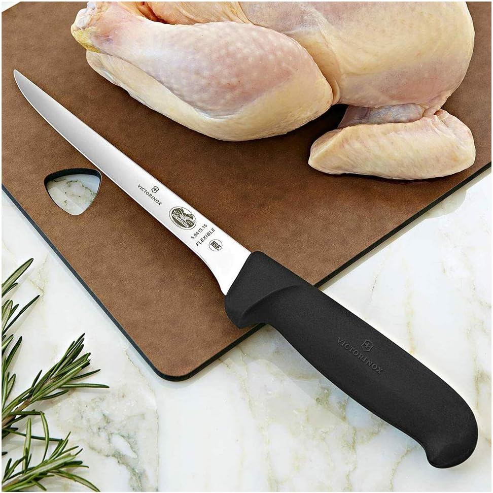 Victorinox Fibrox Curved Boning & Fillet Knife, Flexible Blade for Meat & Poultry, 6-Inch, Black