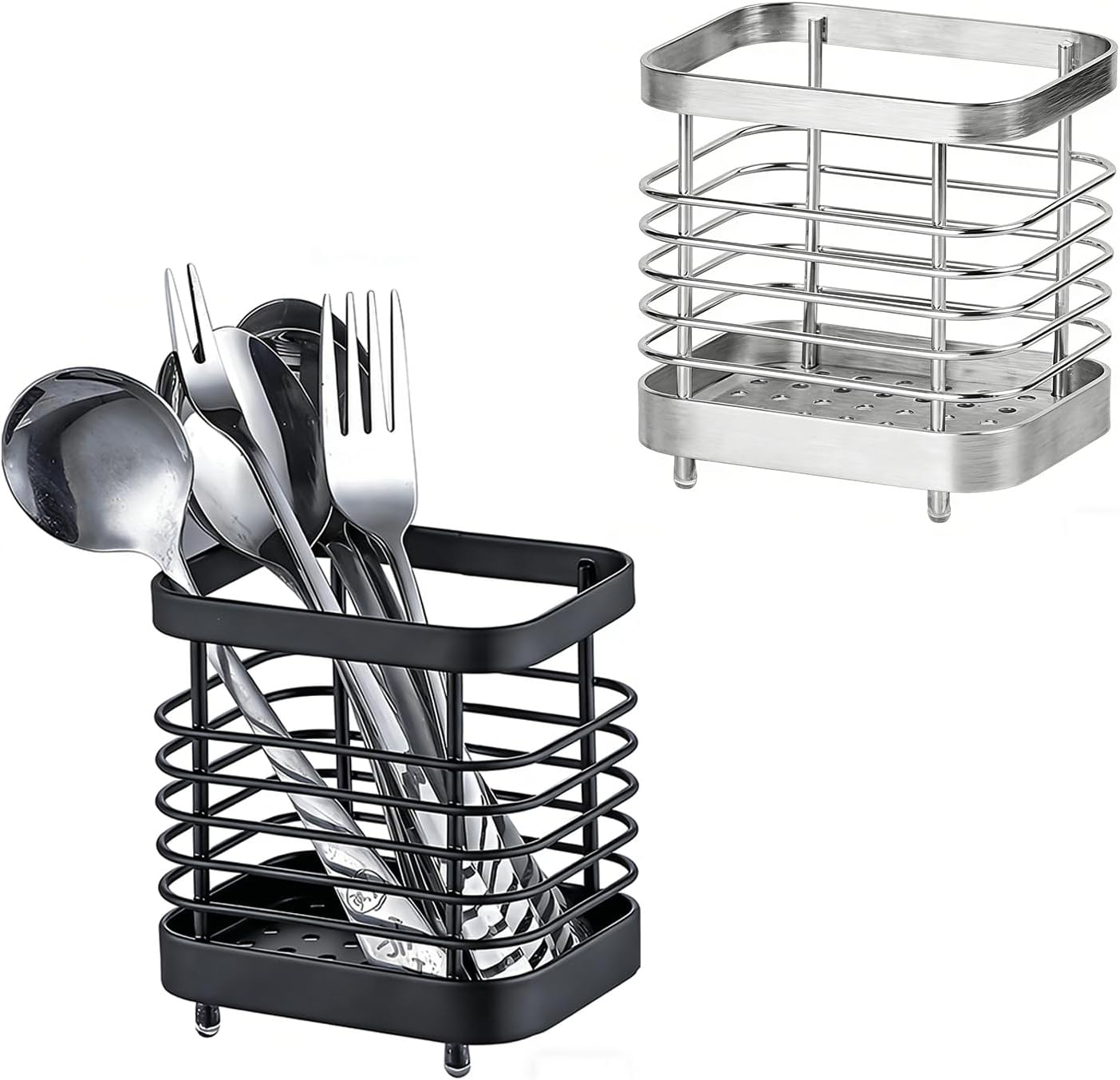 2 PCS Utensil Holder Stainless Steel Drying Rack Kitchen Counter Cutlery Silverware Flatware Drainer Caddy Forks, Knives, Spoons, Chopsticks Organizer (Black, Silver)