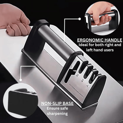 Knife Sharpener, 4 in 1 Manual Kitchen Knives & Scissors Sharpener – Diamond, Tungsten & Ceramic Blades, Ergonomic Non-Slip Knife Sharpening Kit, Compact, Easy & Safe to Use, Black