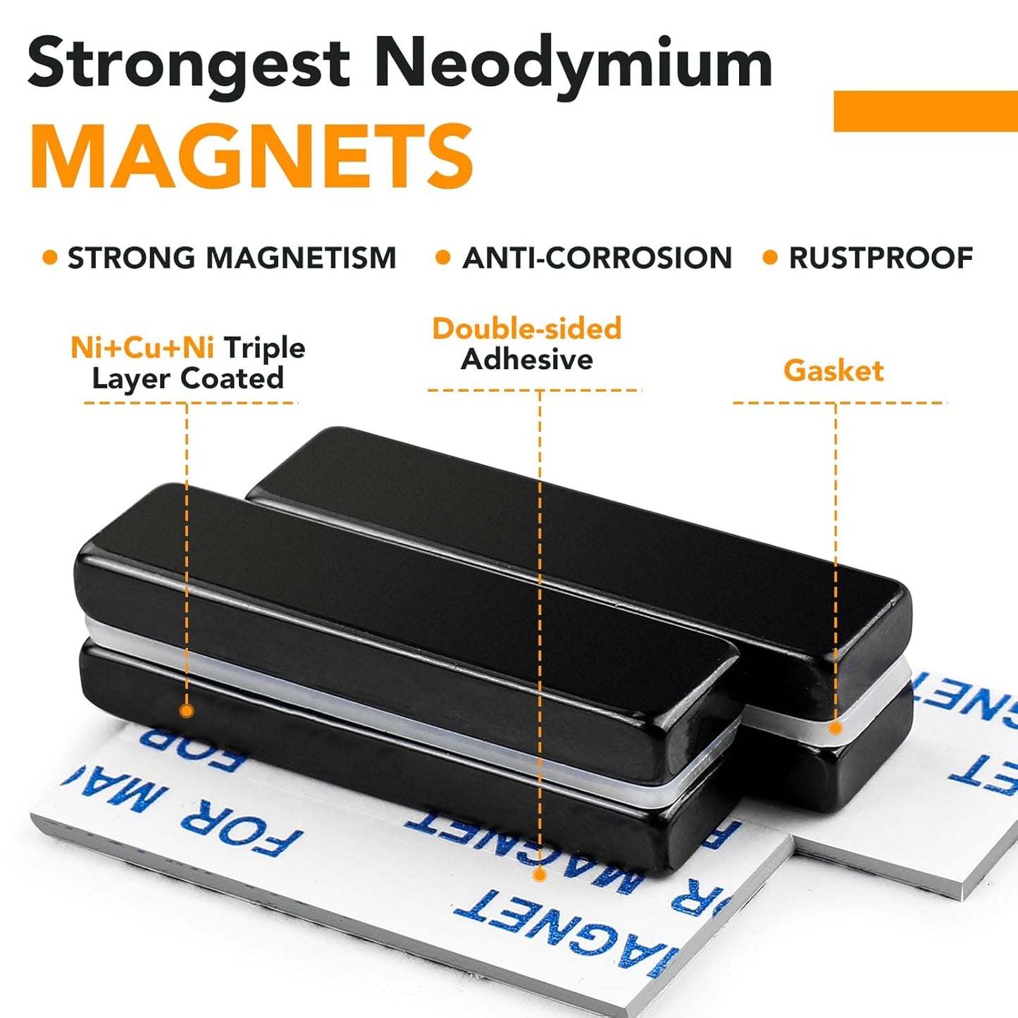 DIYMAG Neodymium Magnets, 8 Pack Strong Magnetic Bar with Double-Sided Adhensive Backing Heave Duty Rare Earth Magnet for Fridge, Classroom, Science and Craft - 2.36 x 0.39 x 0.12 in Silver